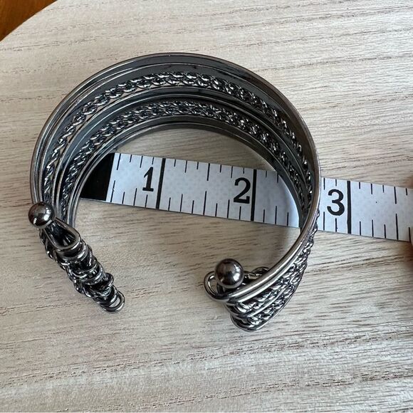 Silver tone stacked textured bracelet cuff - Picture 6 of 6